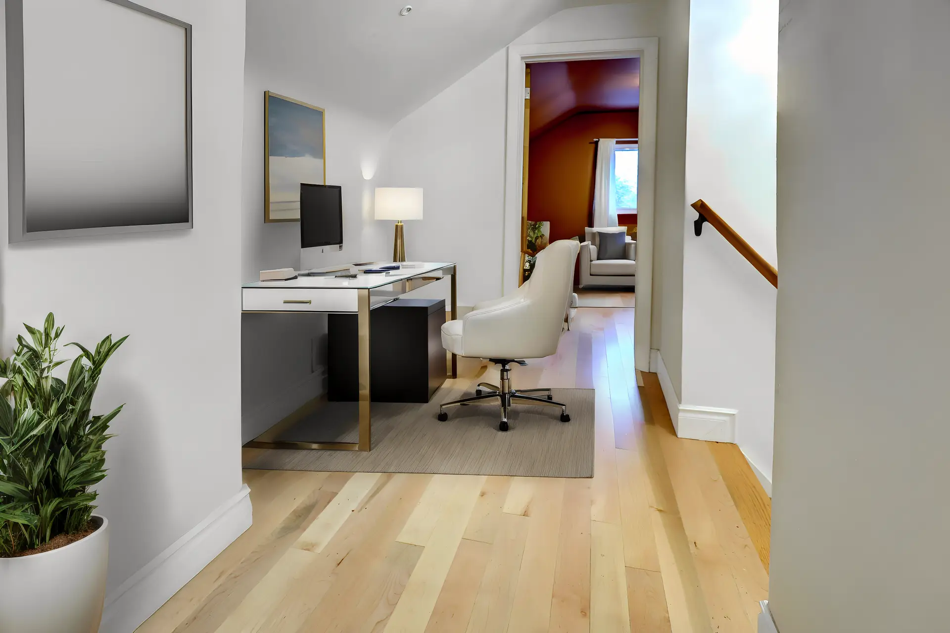 Upstairs office in a den.